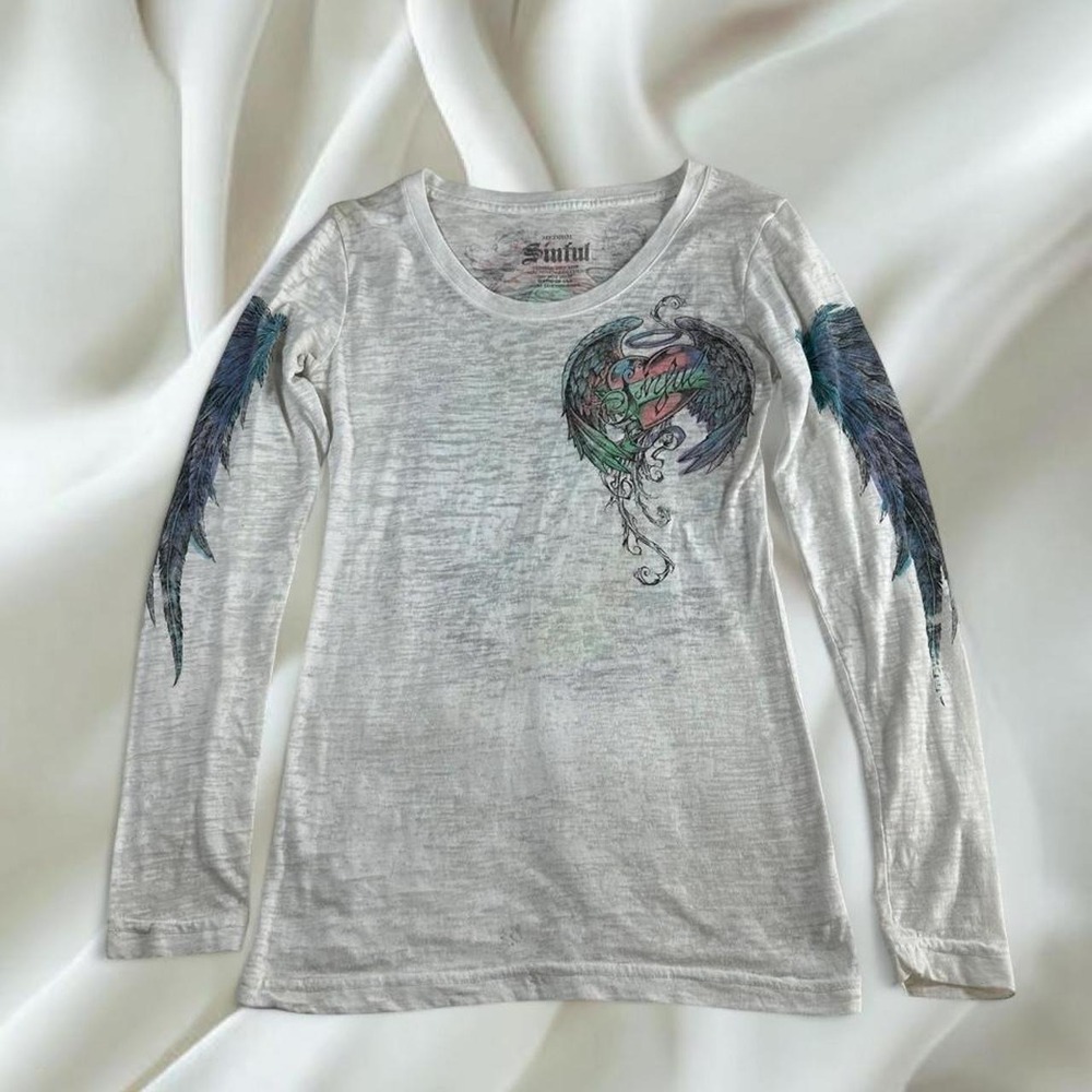 Sinful white angel skull logo graphic long sleeve top Y2K vintage grunge skater